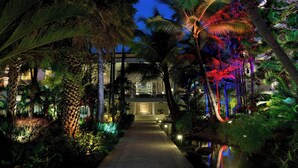 Un sentiero conduce a un edificio circondato da palme e piante tropicali, con un elemento d'acqua in primo piano.