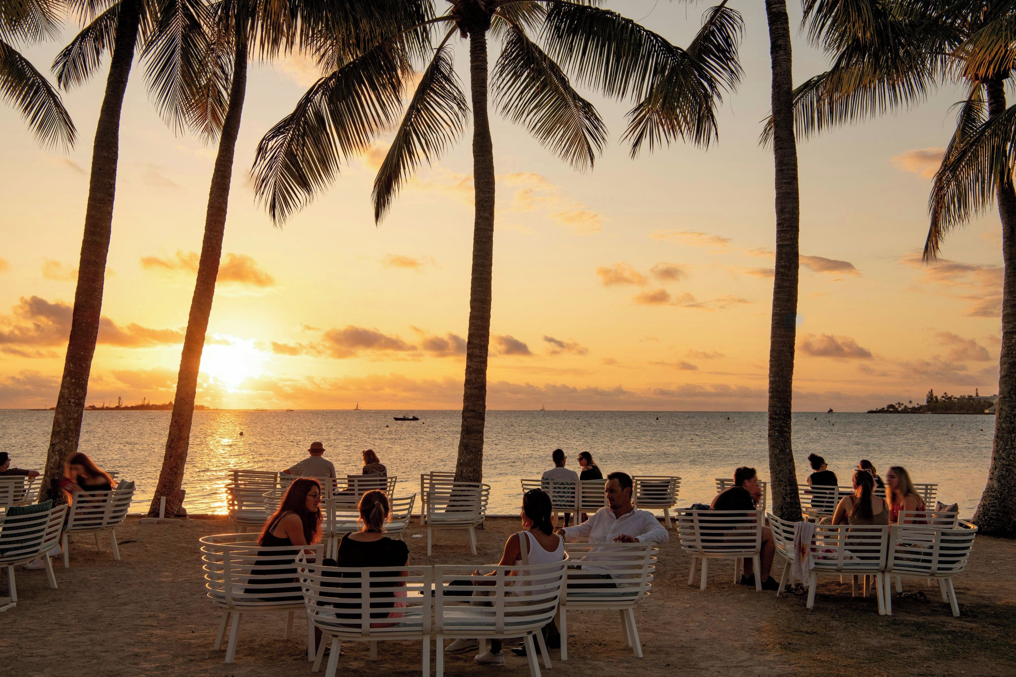 A beachside seating area with palm trees and a sunset view.