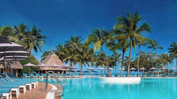 Outdoor pool, pool umbrellas, pool loungers