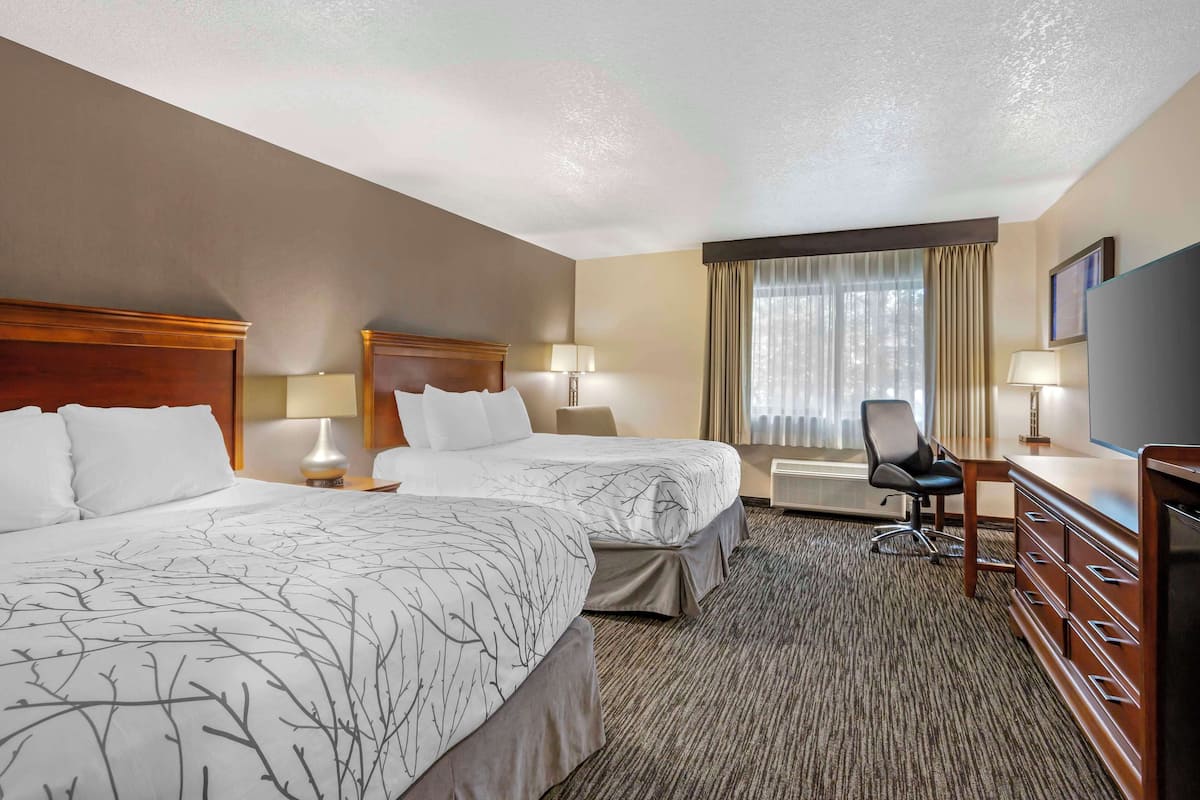 A hotel room with two beds, a desk, a chair, and a TV.