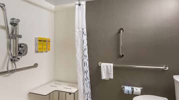 Habitación estándar, 2 camas Queen size, con acceso para personas discapacitadas | Baño | Tina con regadera, amenidades de baño ecológicas, secadora de cabello