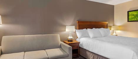 Habitación de hotel con cama, sofá, dos lámparas de noche y piso alfombrado.