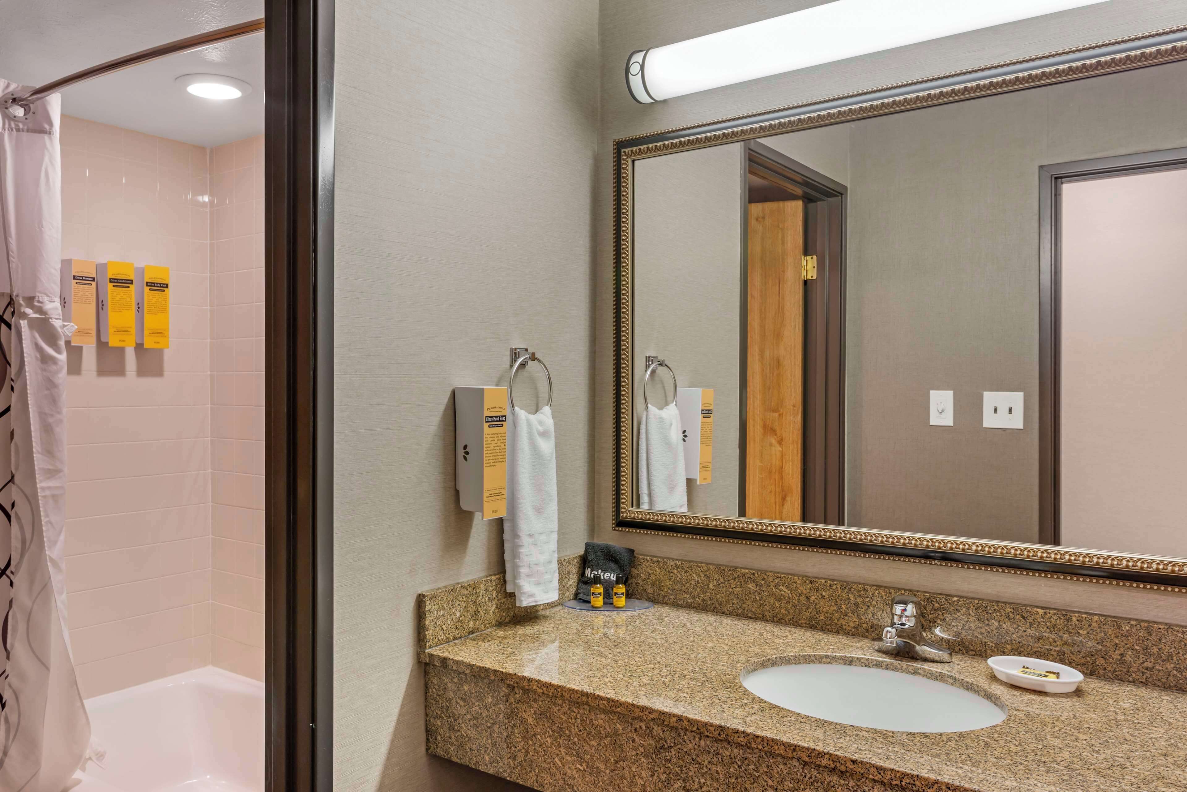 A bathroom with a granite countertop, a sink, a mirror, and a shower area.