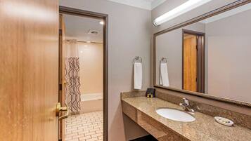 Une salle de bain d’hôtel avec un lavabo doté d’un plan de travail en granit, un grand miroir et une zone de douche visible à travers une porte ouverte.