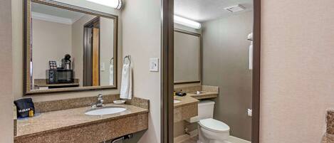 A hotel bathroom with a sink, mirror, and toilet.