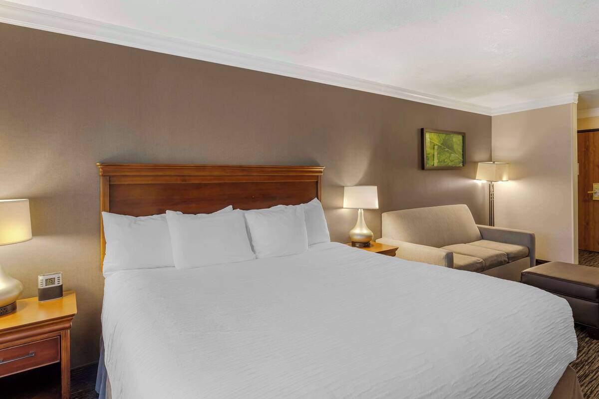 A hotel room with a large bed, a wooden headboard, a nightstand with a lamp, a chair, and a painting on the wall.