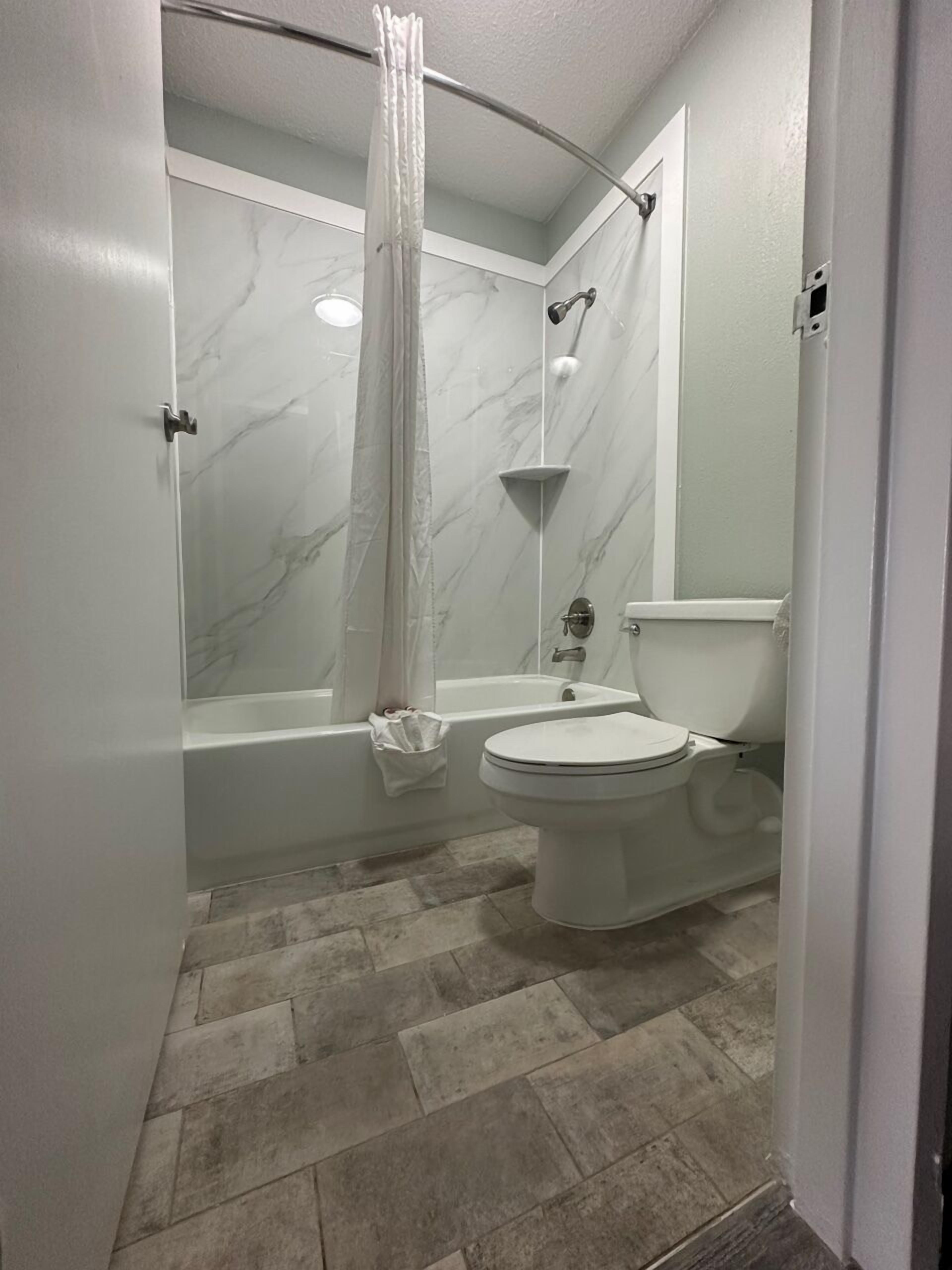 Une salle de bain avec une baignoire, des toilettes et un rideau de douche.