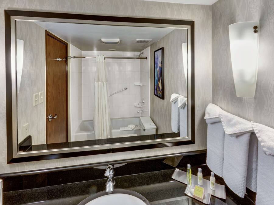 Un baño con un espejo grande, ducha, lavamanos y un perchero para toallas.