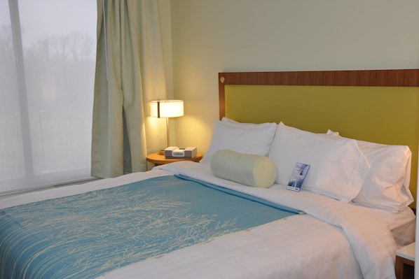 Desk, laptop workspace, blackout curtains, iron/ironing board