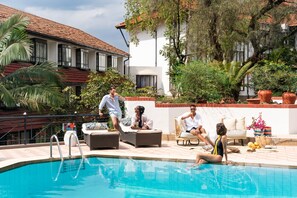 Outdoor pool, pool umbrellas, pool loungers