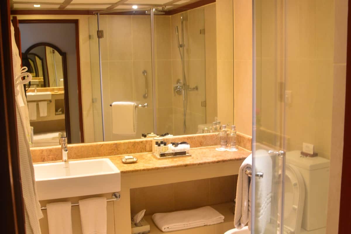 rainfall showerhead, designer toiletries, hair dryer, bathrobes