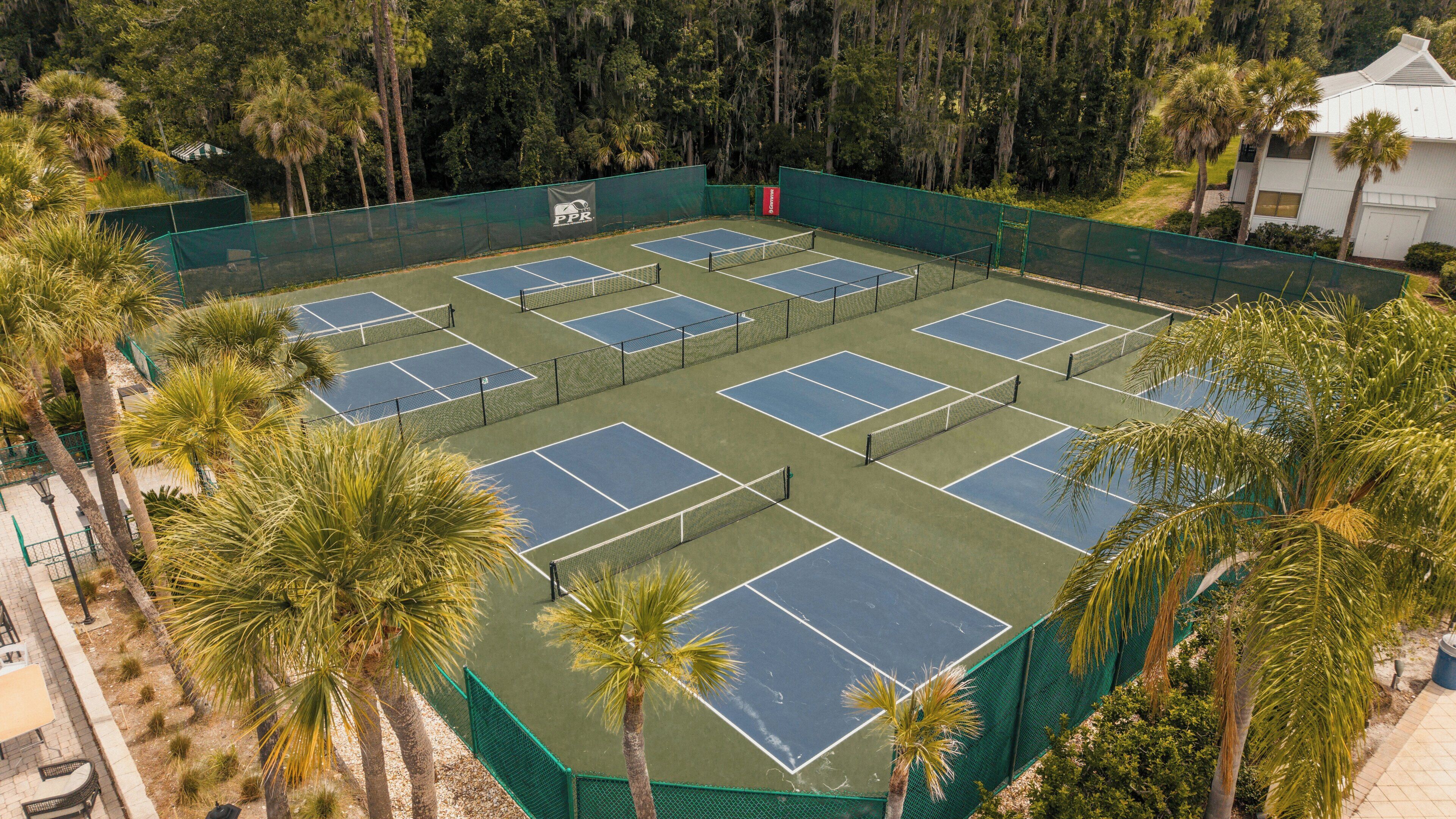 Complejo de canchas de tenis rodeado de palmeras y un área boscosa.