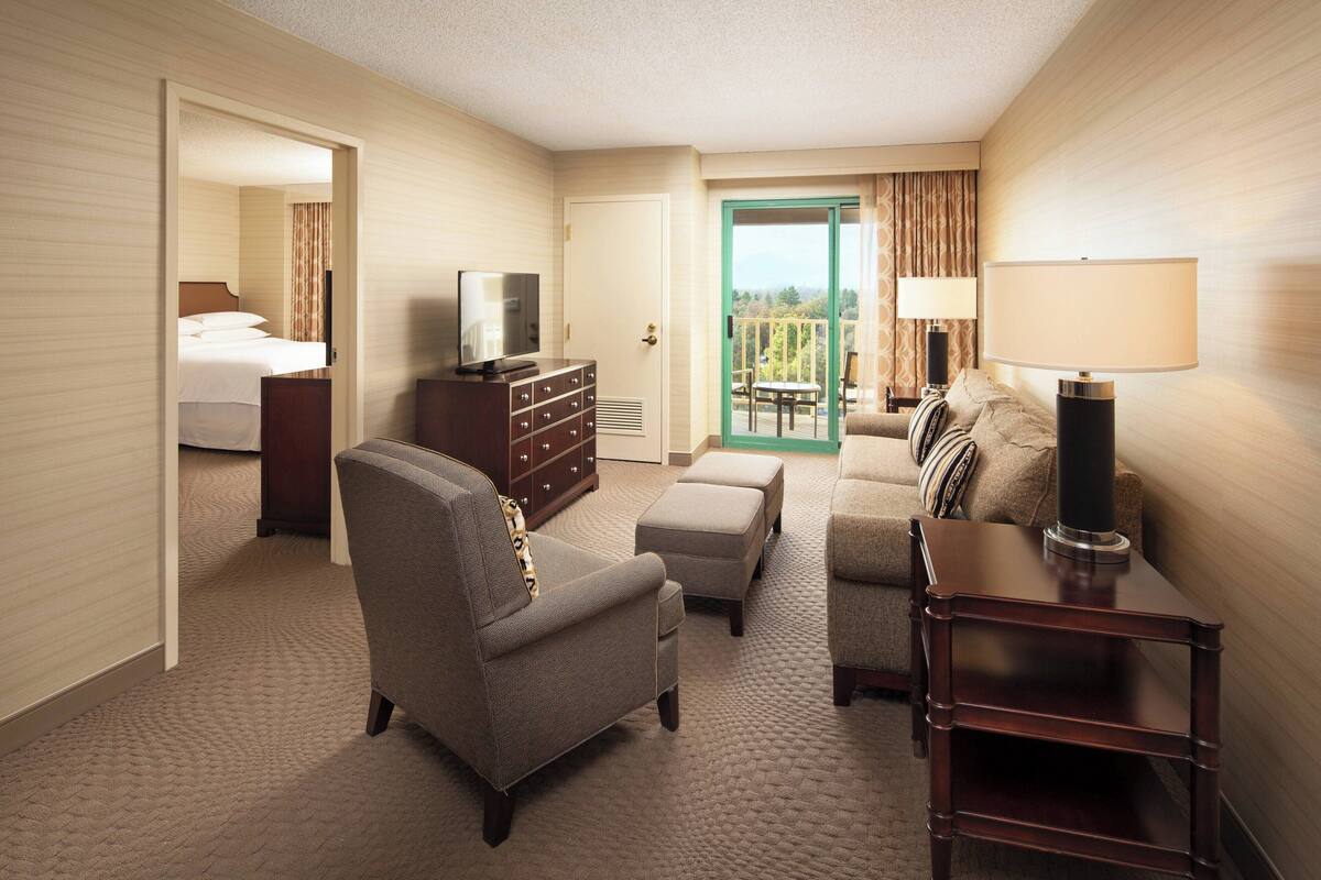 A hotel room with a bed, a TV, a sofa, a coffee table, and a balcony with a view.