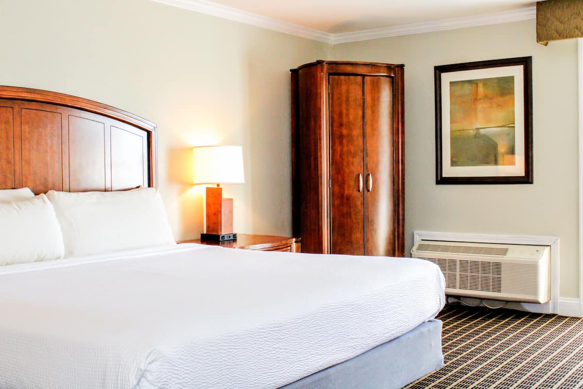 A hotel room with a large bed, a wooden wardrobe, a bedside table with a lamp, and a framed picture on the wall.