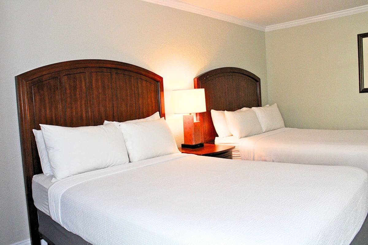 A hotel room with two single beds, a nightstand with a lamp, and a framed picture on the wall.