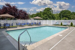 Seasonal outdoor pool, open 8 AM to 8 PM, pool umbrellas, sun loungers