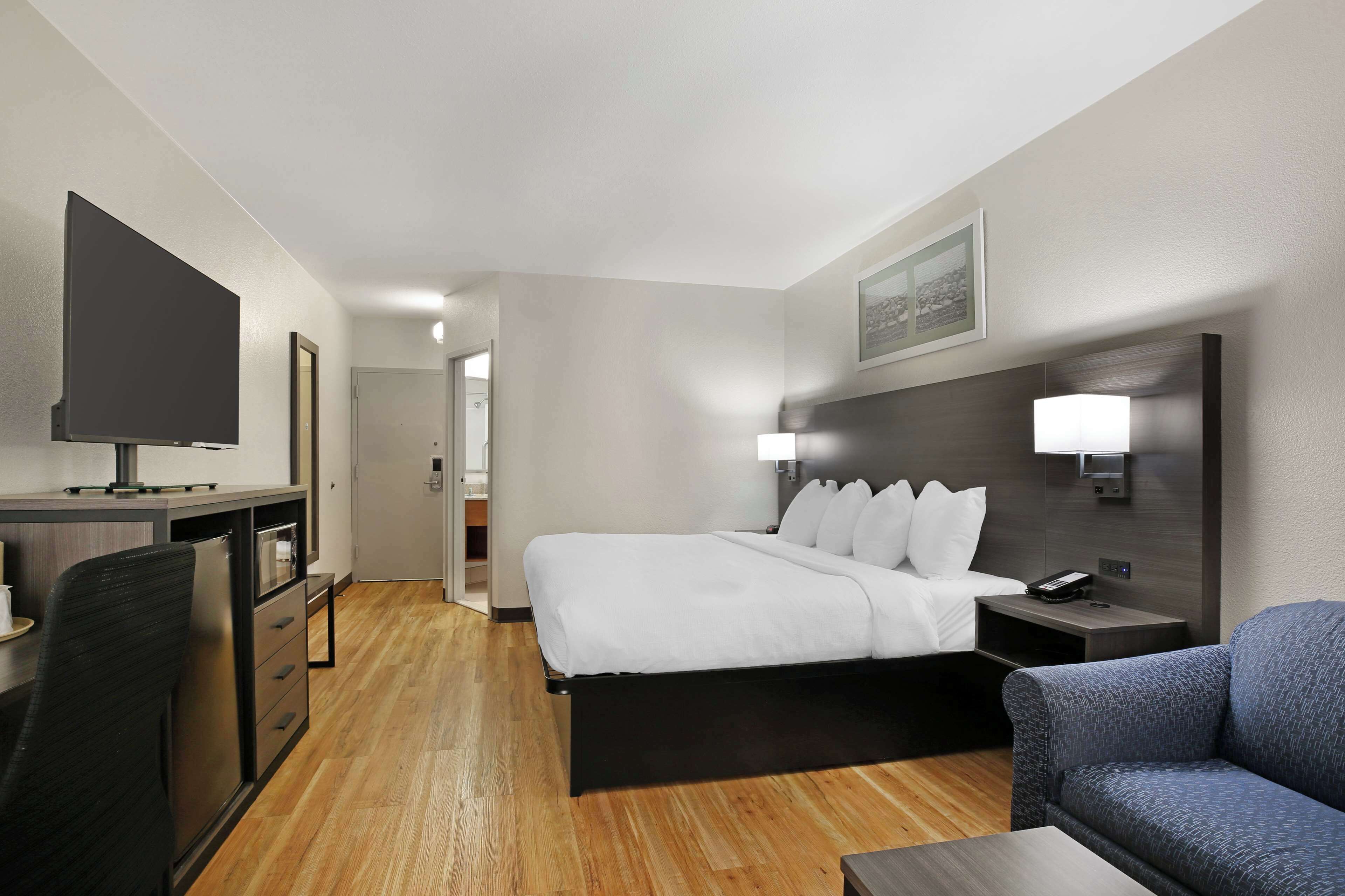 Una habitación de hotel con una cama, un escritorio, una silla, un televisor, una lámpara y un sofá.