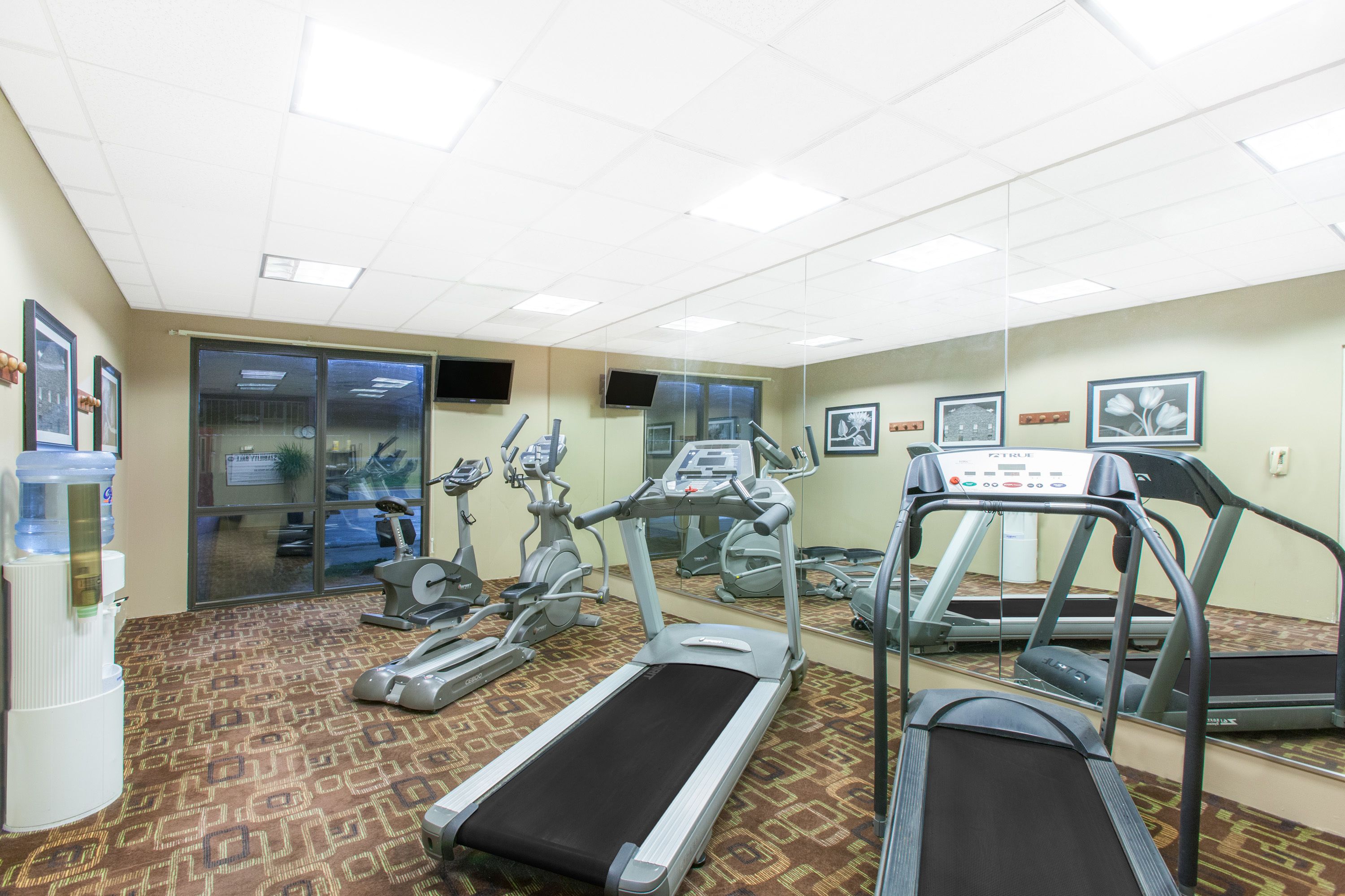 A gym with treadmills, elliptical machines, and a water dispenser.