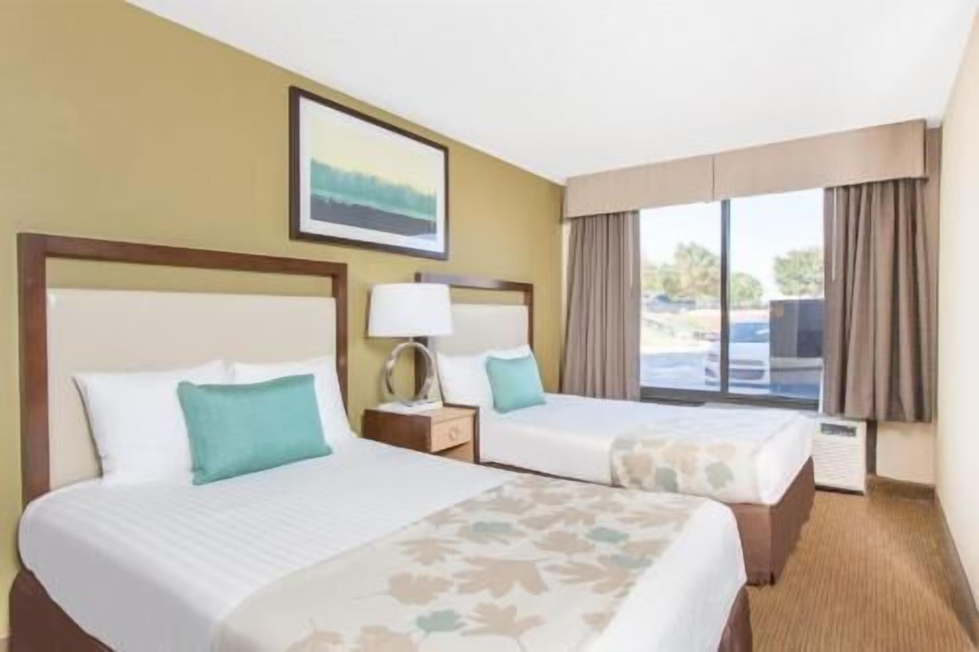Premium bedding, desk, laptop workspace, blackout curtains