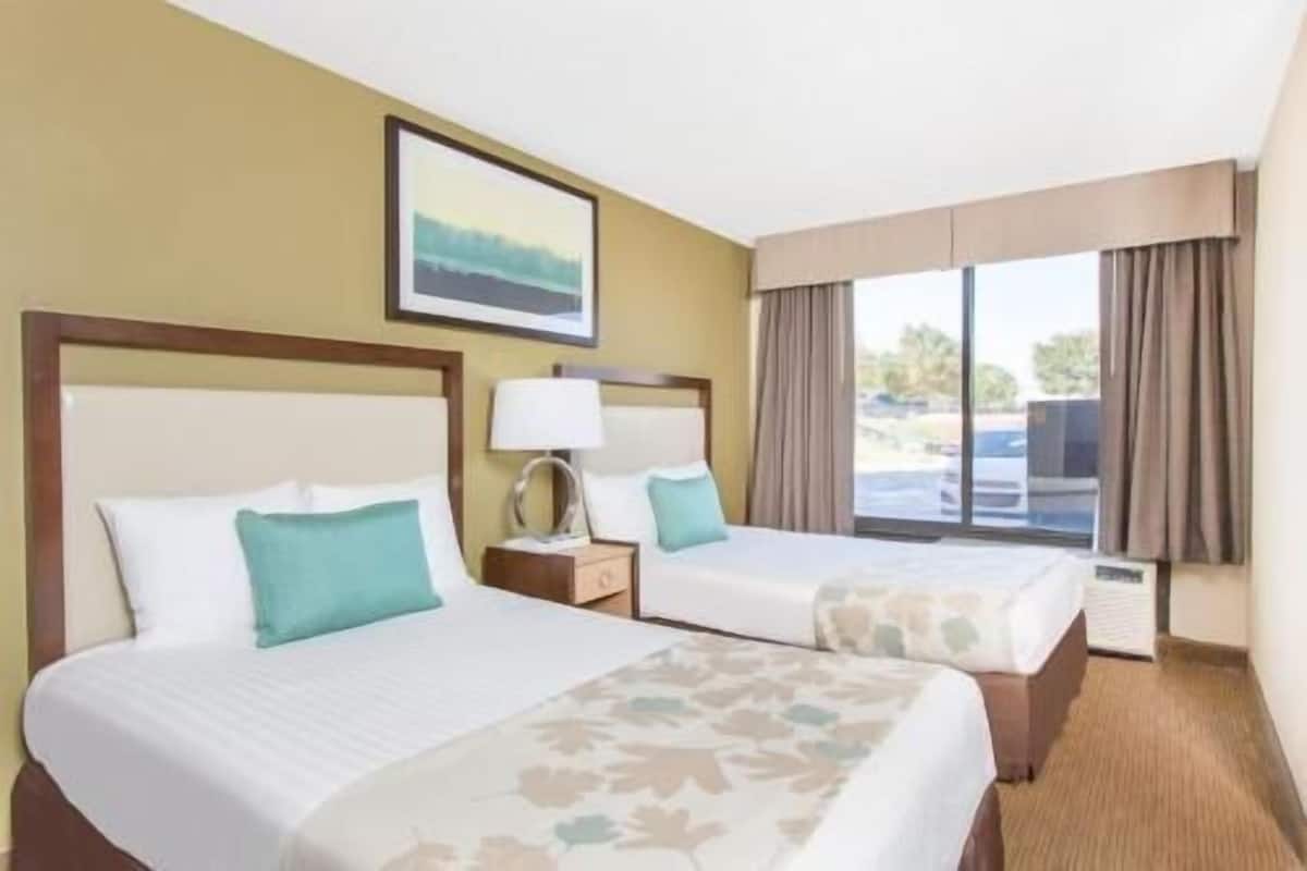 Premium bedding, desk, laptop workspace, blackout drapes