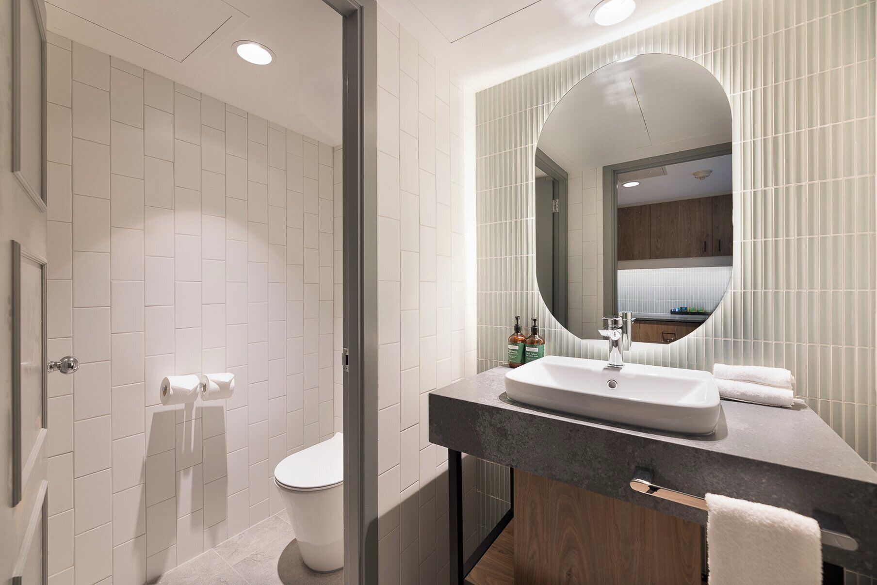 A modern bathroom with a shower, toilet, and sink.