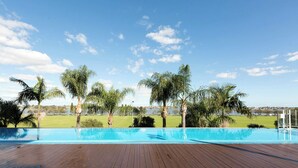 An infinity pool with a wooden deck, surrounded by palm trees and a view of a lake. - Crowne Plaza Perth by IHG (East Perth)