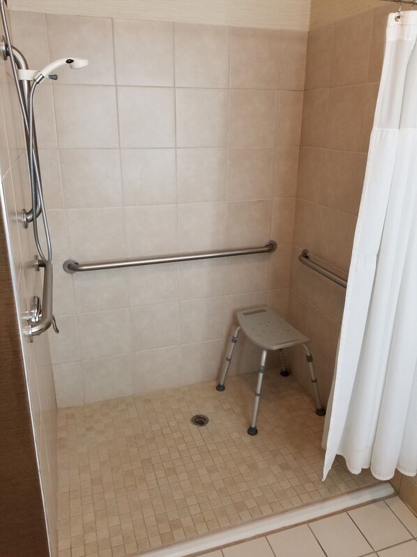 A shower area with a grab bar, a step stool, and a showerhead. - Wingate by Wyndham Great Falls (Great Falls)