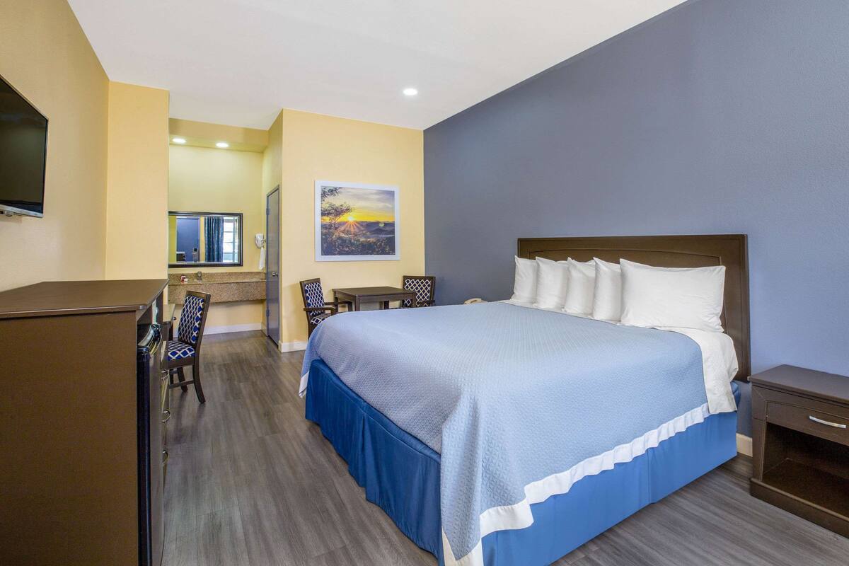 A hotel room with a large bed, a desk, a chair, and a television.