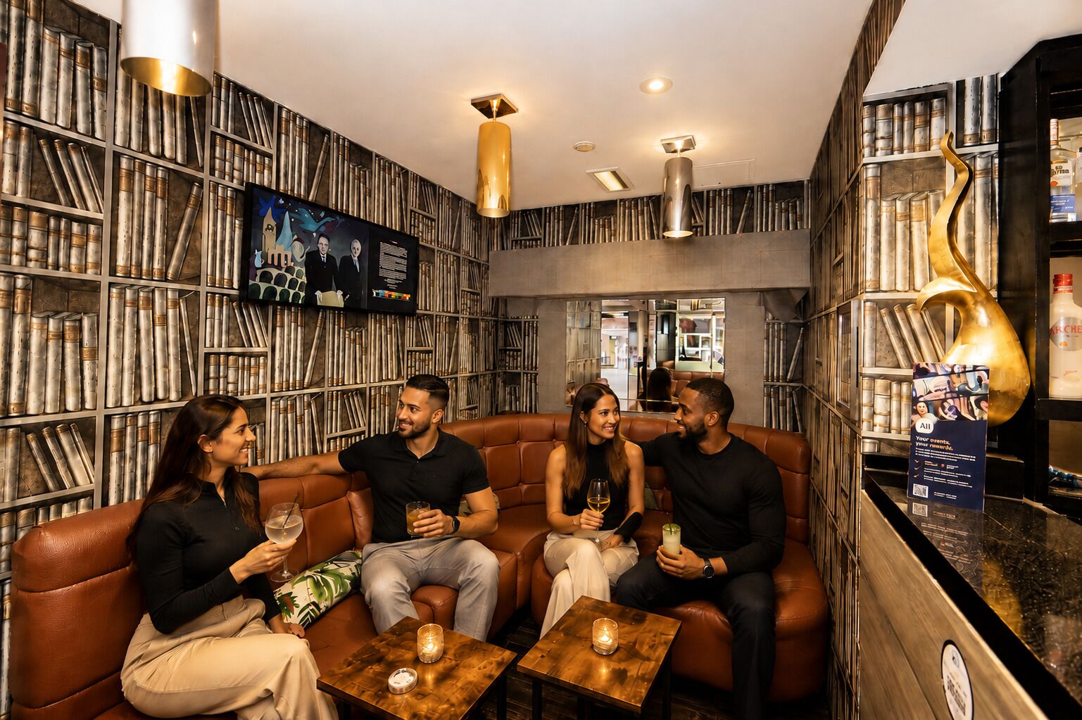 Un groupe de personnes est assis sur un canapé en cuir marron dans un coin bar, avec des étagères remplies de livres et un téléviseur accroché au mur.