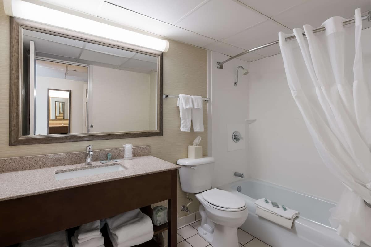 suite, 1 king bed, non smoking, refrigerator & microwave | bathroom | combined shower/bathtub, free toiletries, hair dryer, towels