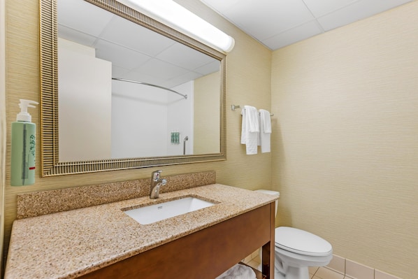 Un baño con lavamanos, espejo e inodoro.
