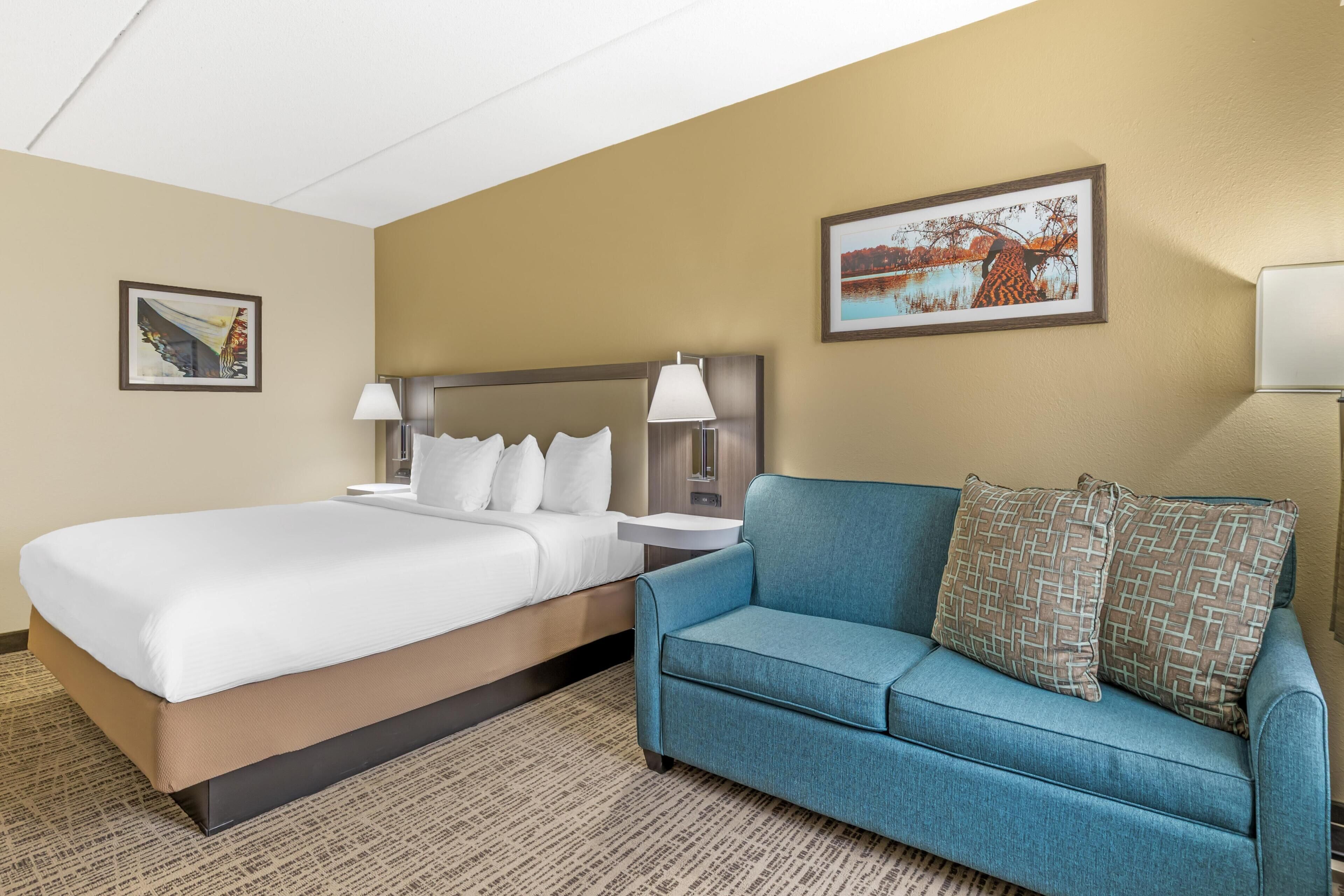 Une chambre d’hôtel avec un lit, un canapé bleu, deux tables de chevet, une lampe et deux tableaux encadrés accrochés au mur.