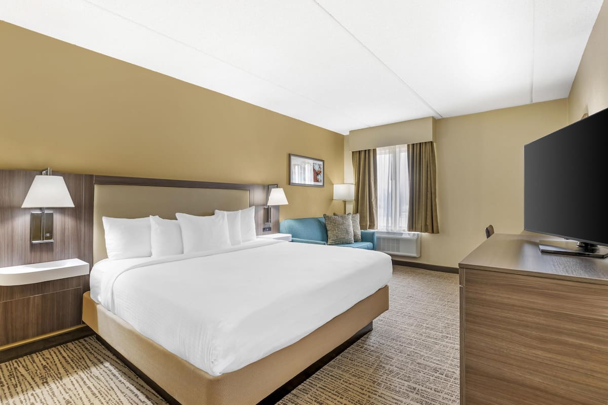 Une chambre d’hôtel avec un grand lit, une télévision, un bureau et un canapé.