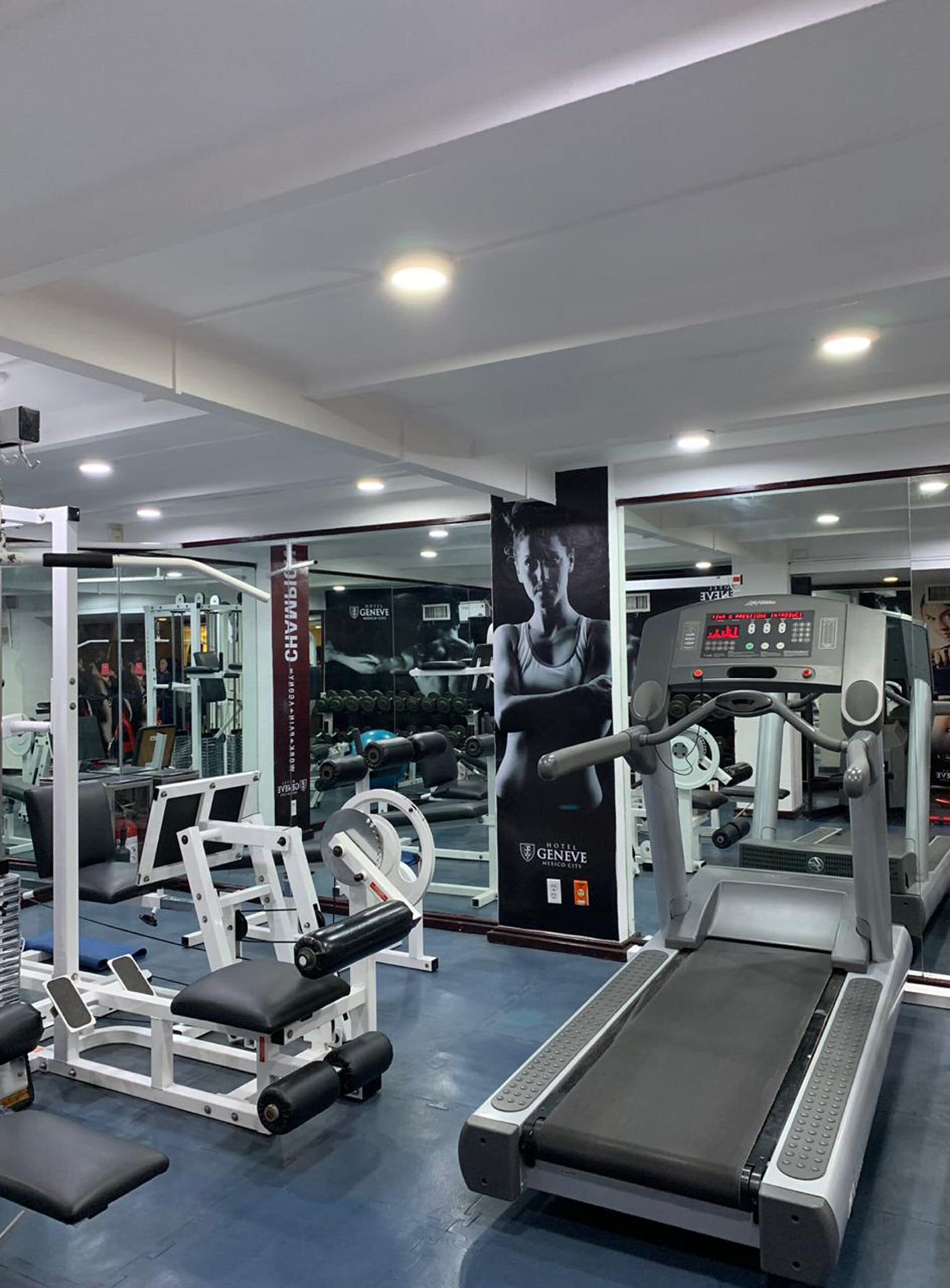 Un gimnasio con equipamiento de ejercicio, una cinta de correr y un muro con espejos.