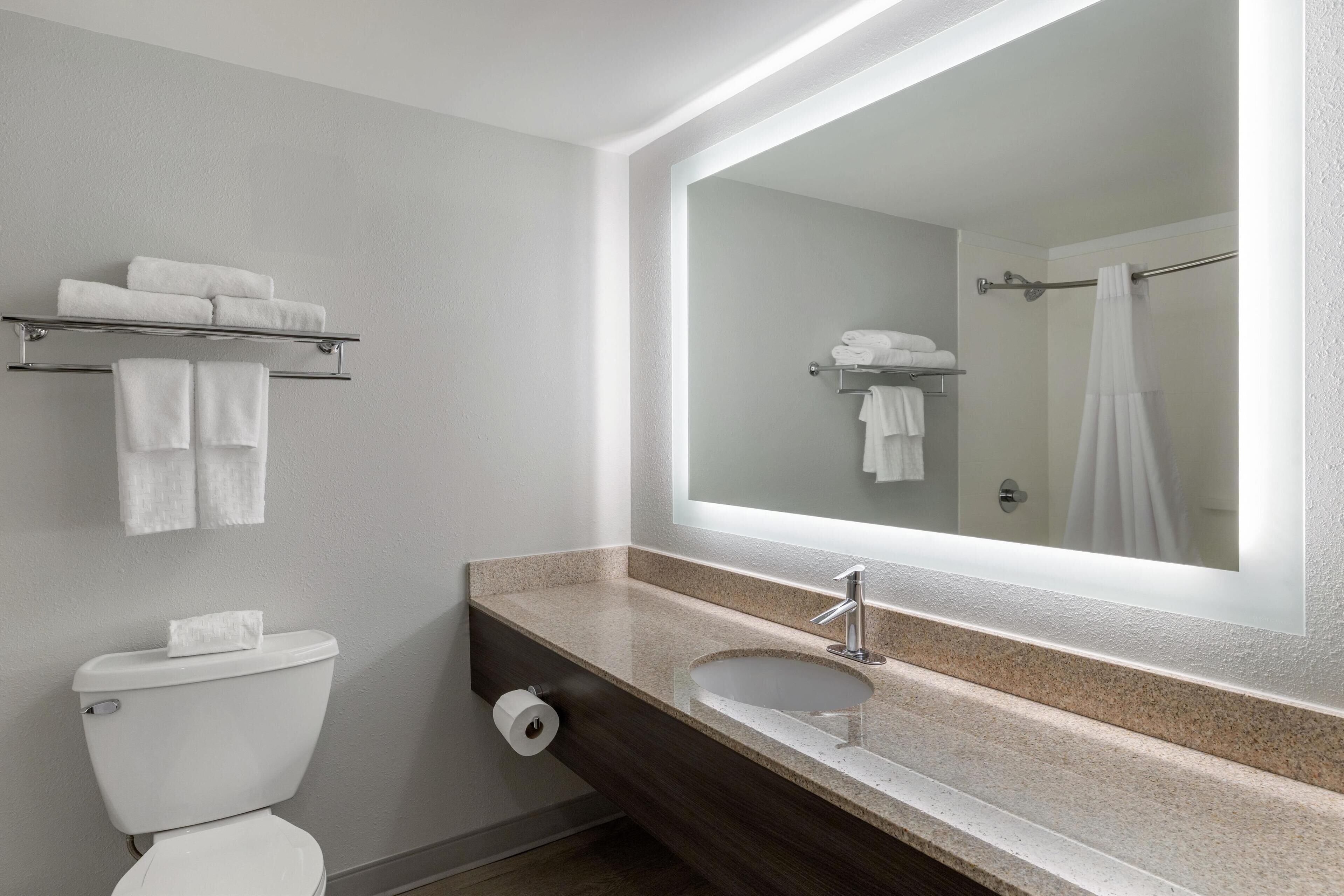 combined shower/bathtub, rainfall showerhead, eco-friendly toiletries