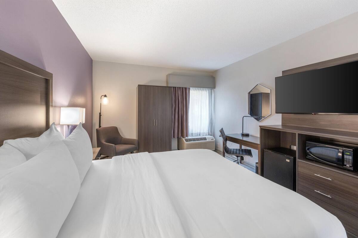 A hotel room with a large bed, a desk with a chair, a television, a microwave, and a wardrobe.