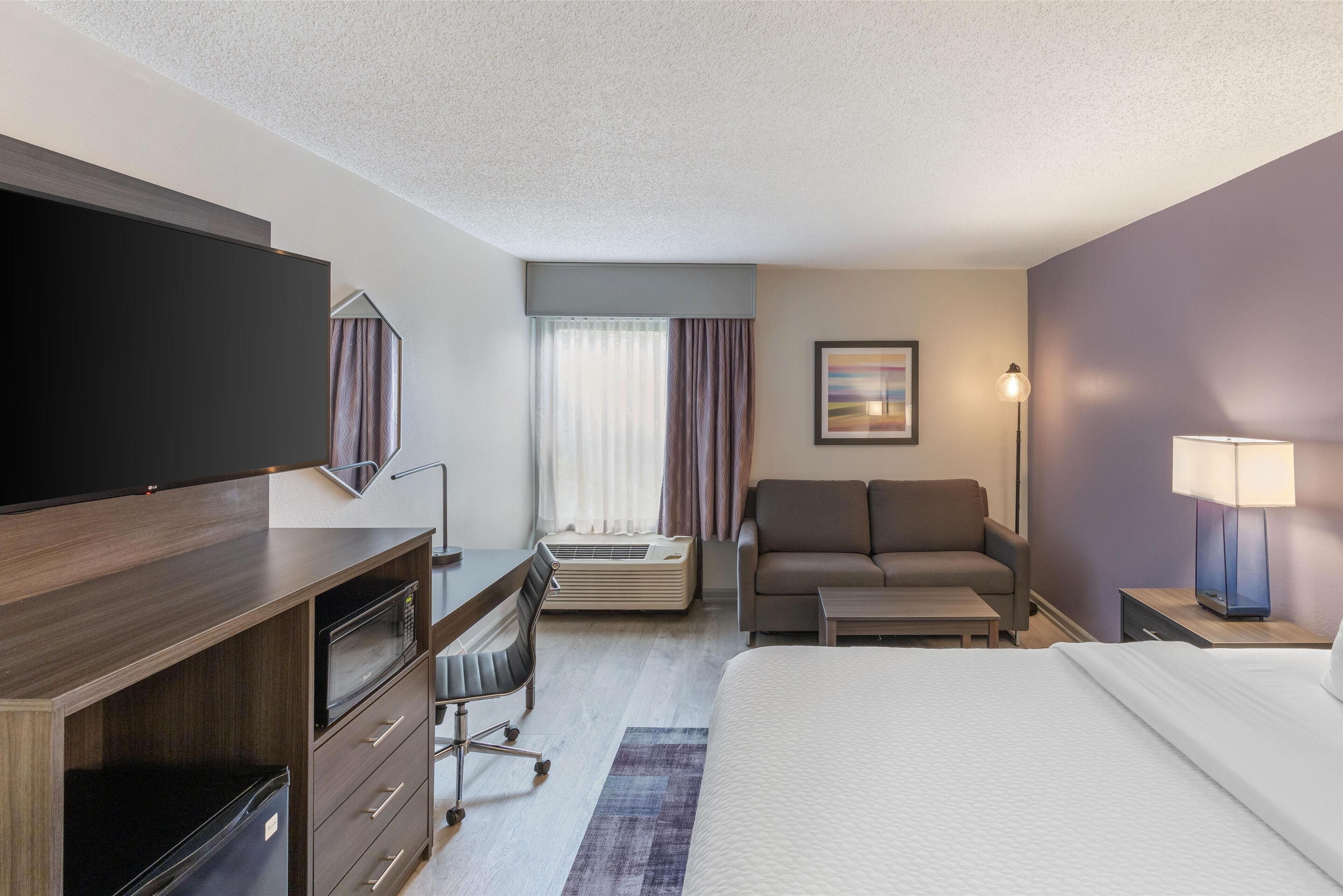 Habitación de hotel con cama, escritorio, silla, sofá, televisor, aire acondicionado, lámpara y un cuadro en la pared.