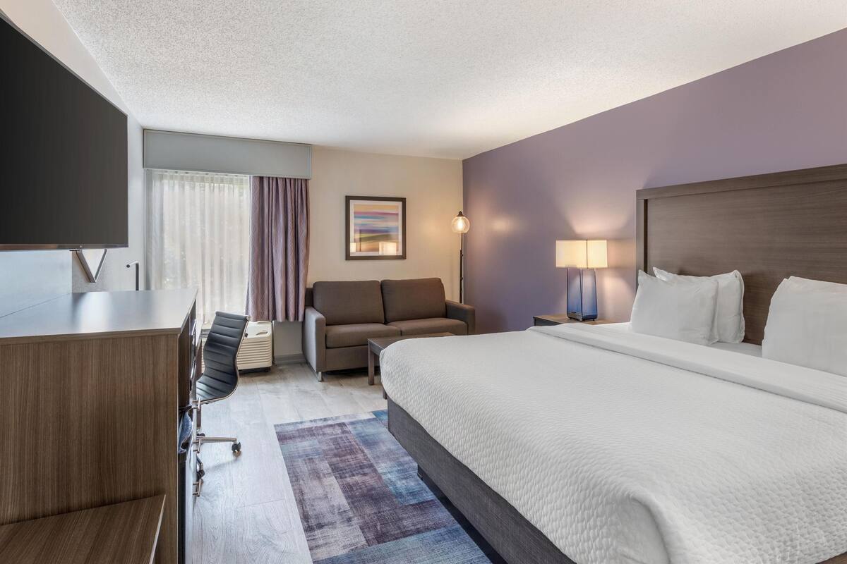 A modern hotel room with a large bed, a desk, a sofa, and a TV.