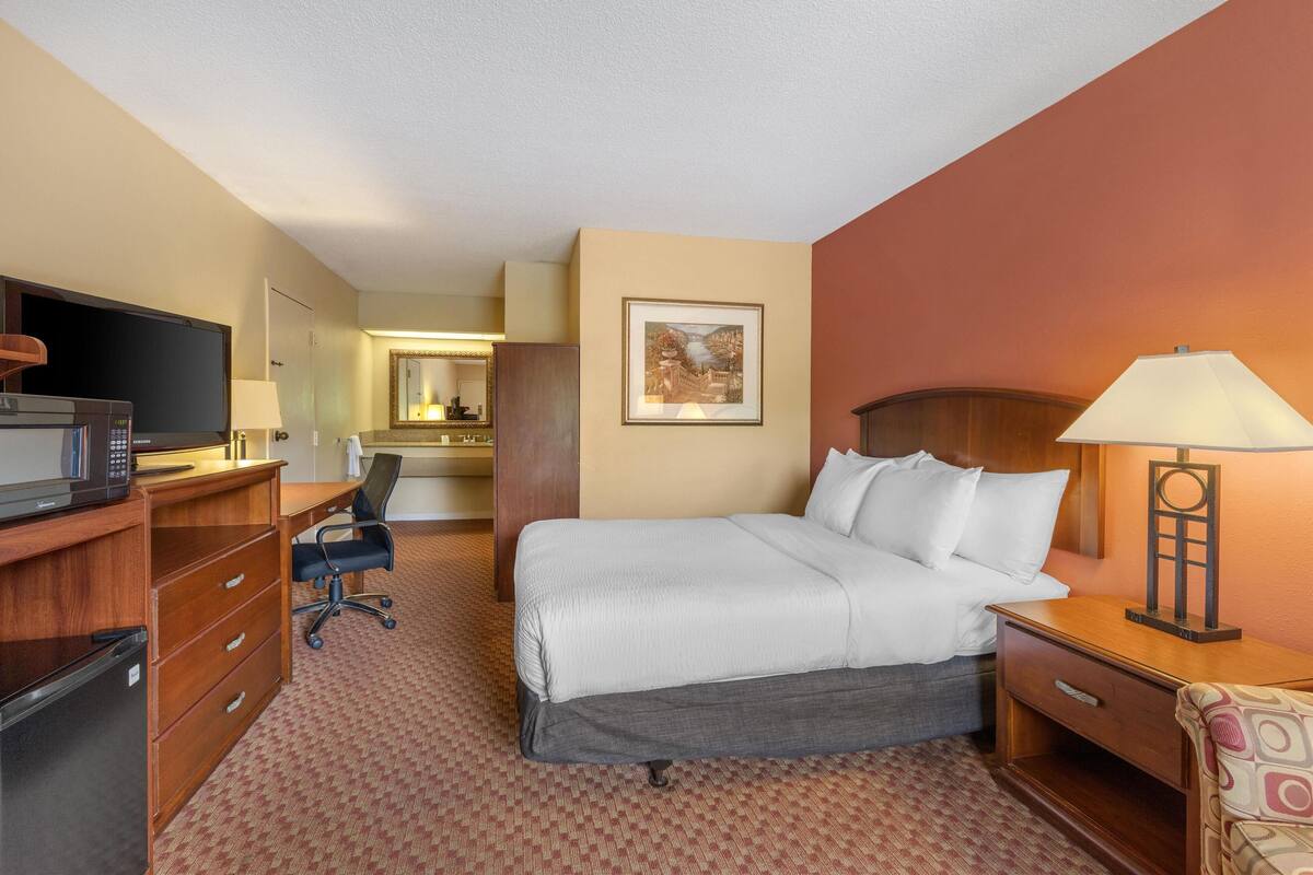 A hotel room with a bed, desk, chair, TV, and a lamp.