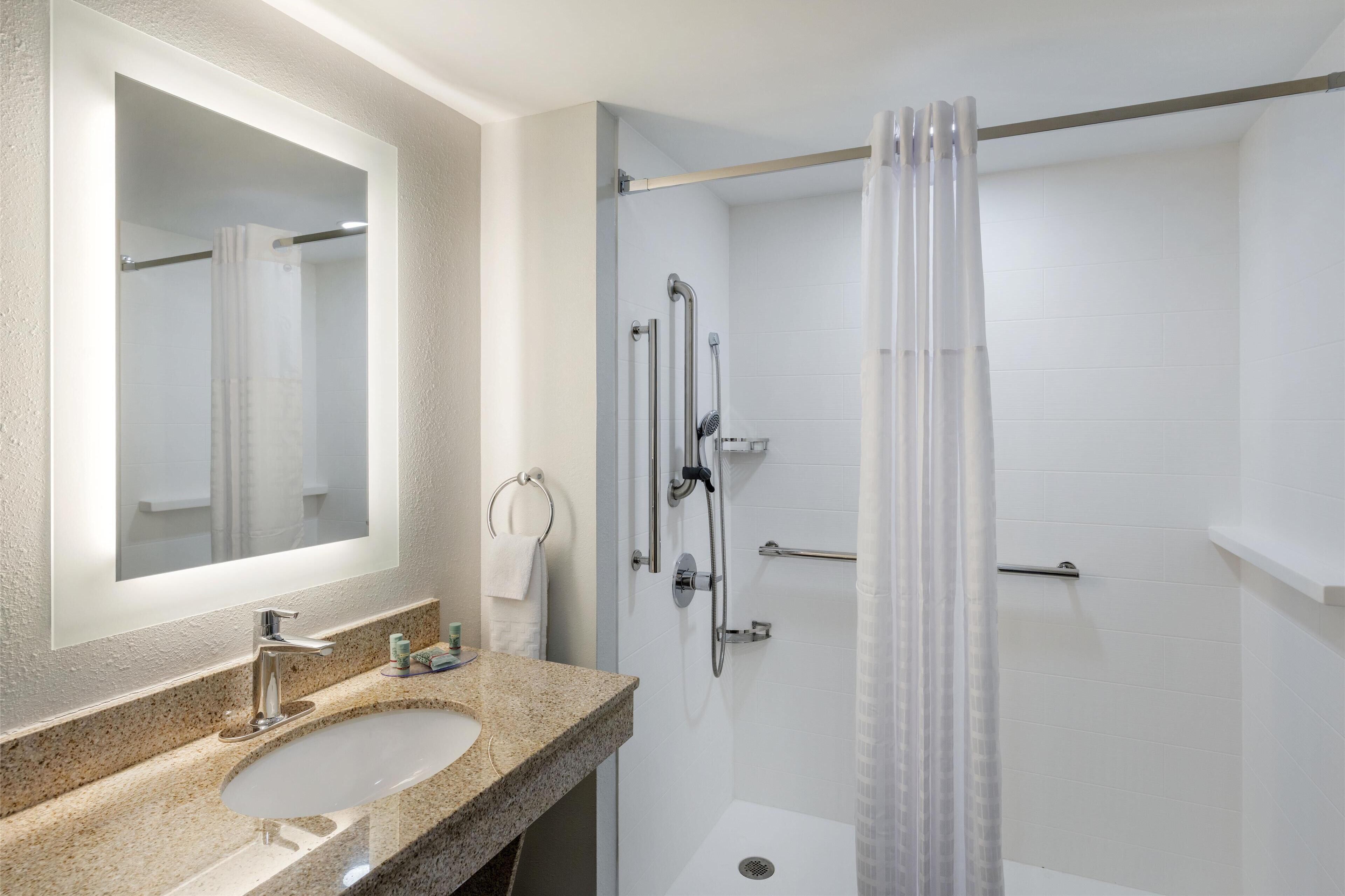 standard room, 1 queen bed, accessible, refrigerator & microwave | bathroom | combined shower/bathtub, rainfall showerhead, eco-friendly toiletries