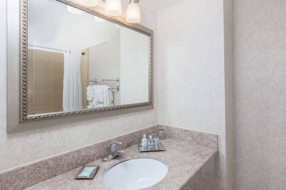 Combined shower/tub, eco-friendly toiletries, hair dryer, towels