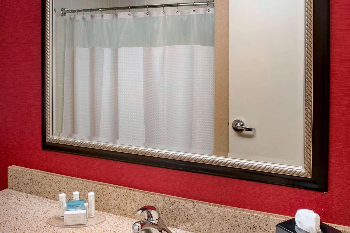 combined shower/bathtub, eco-friendly toiletries, hair dryer, towels