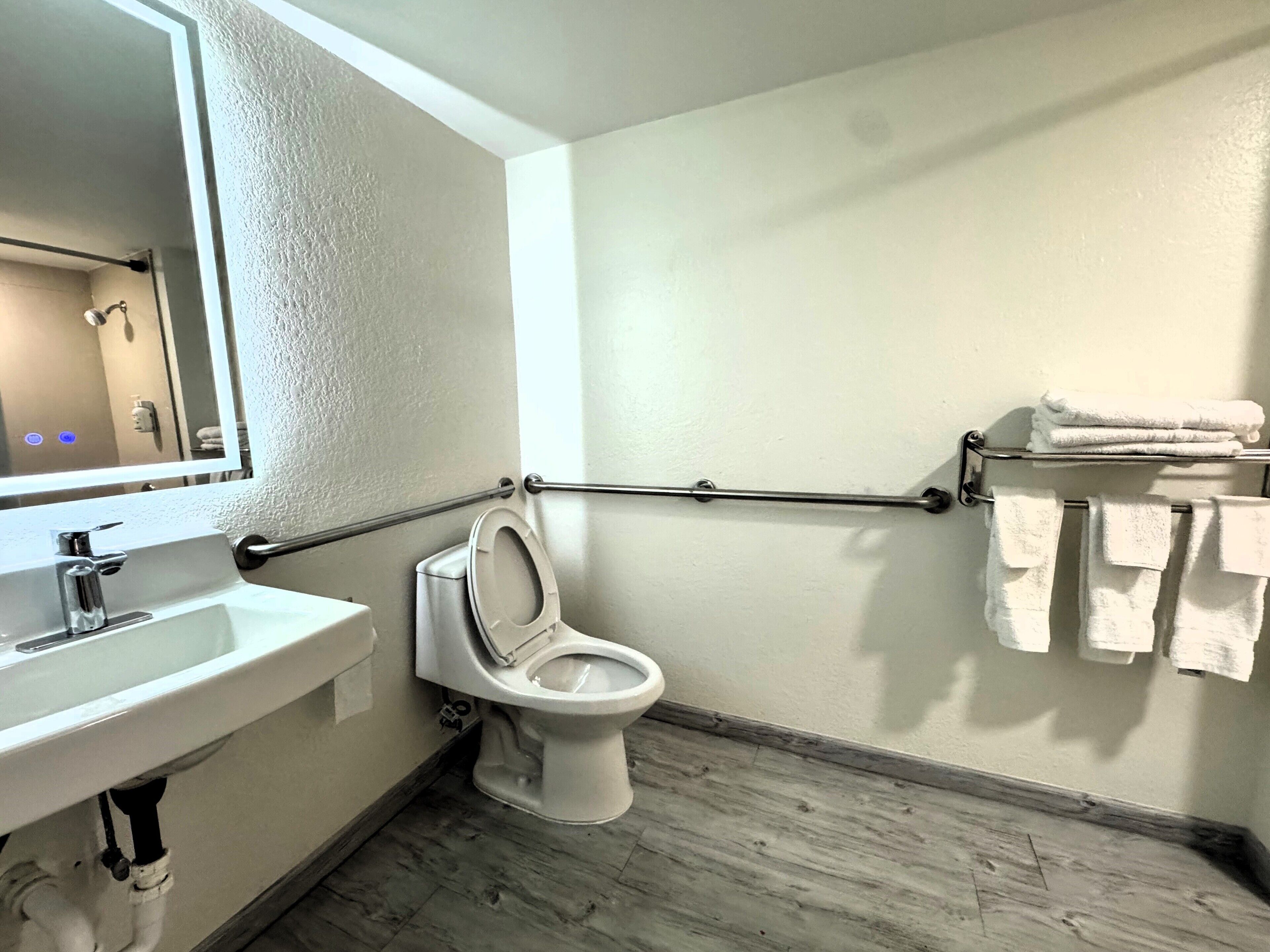 A bathroom with a white sink, a toilet, a mirror, and a towel rack.