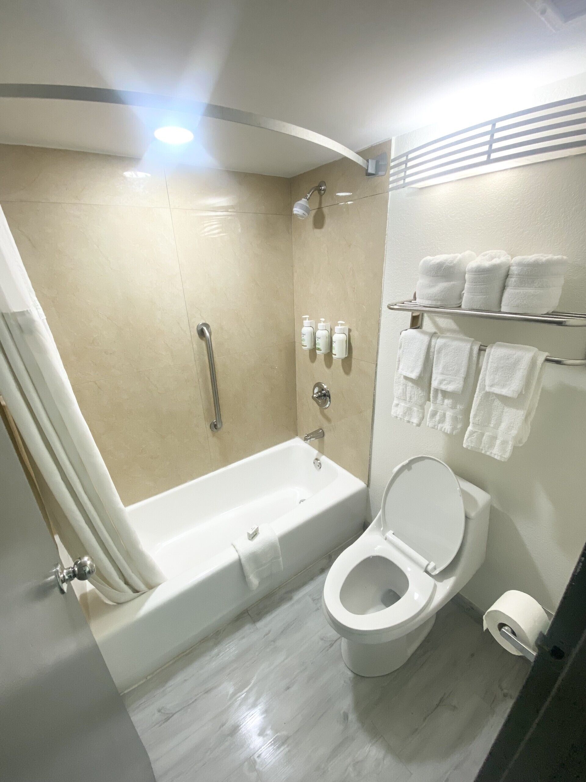 Ein Badezimmer mit Badewanne, Toilette und Dusche.