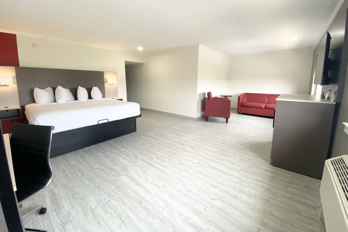 Ett hotellrum med en säng, ett skrivbord, en stol, en röd soffa och ett litet bord.
