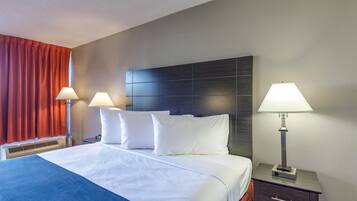 Desk, laptop workspace, blackout drapes, free WiFi