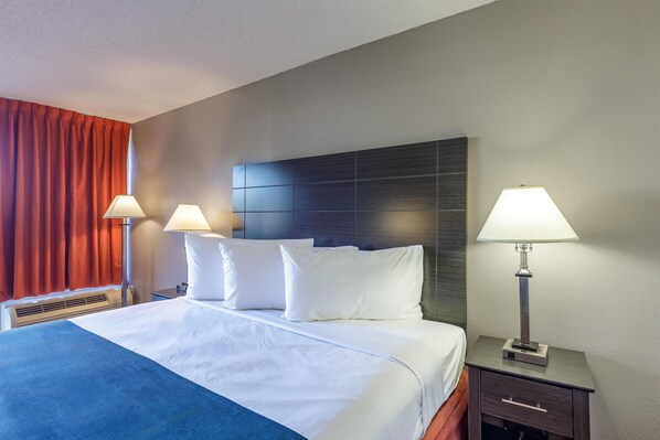 Desk, laptop workspace, blackout curtains, free WiFi