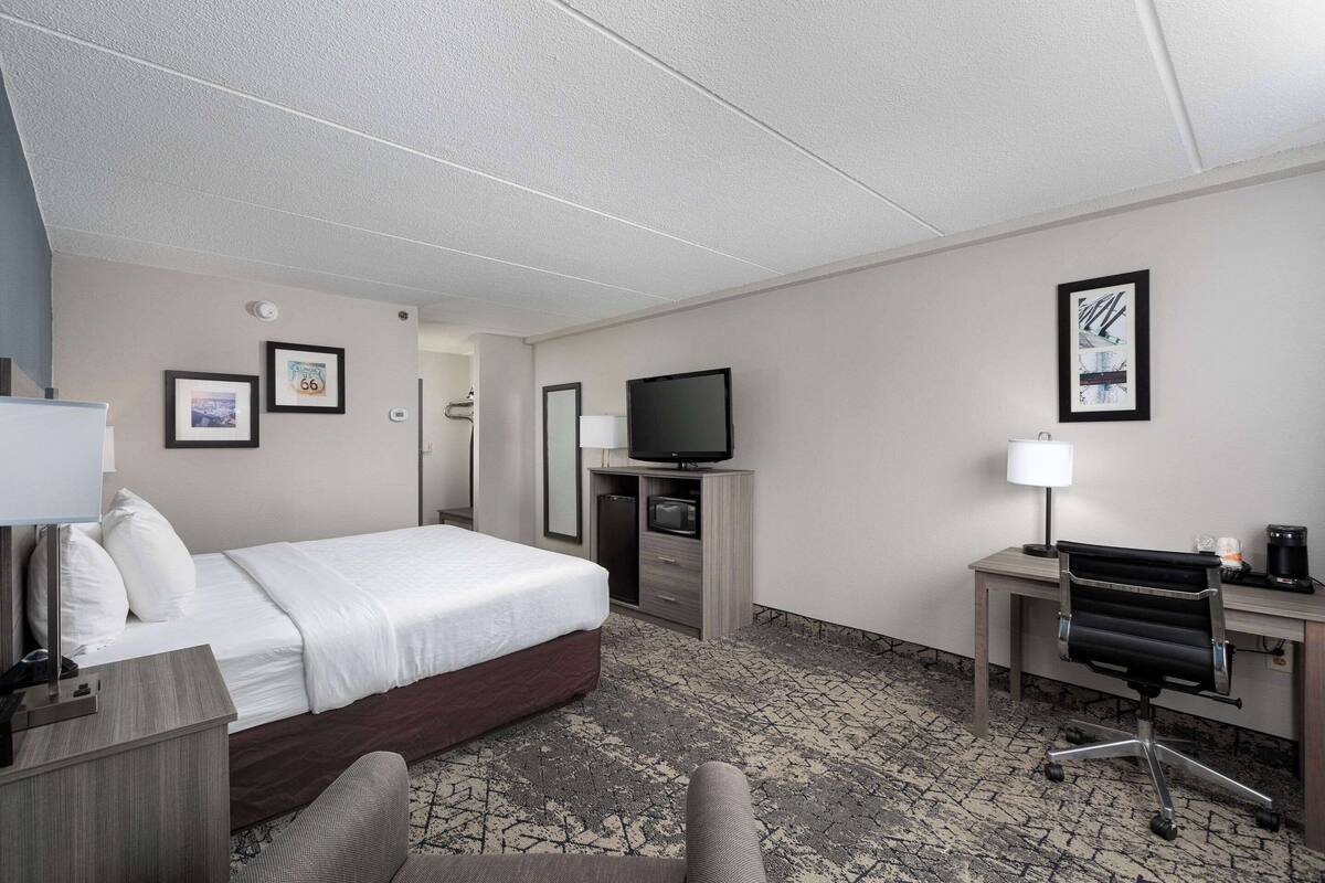 Habitación de hotel con cama, escritorio, silla, televisor y un pequeño armario.