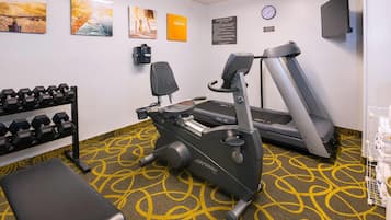 A gym with treadmills, dumbbells, and a bench.