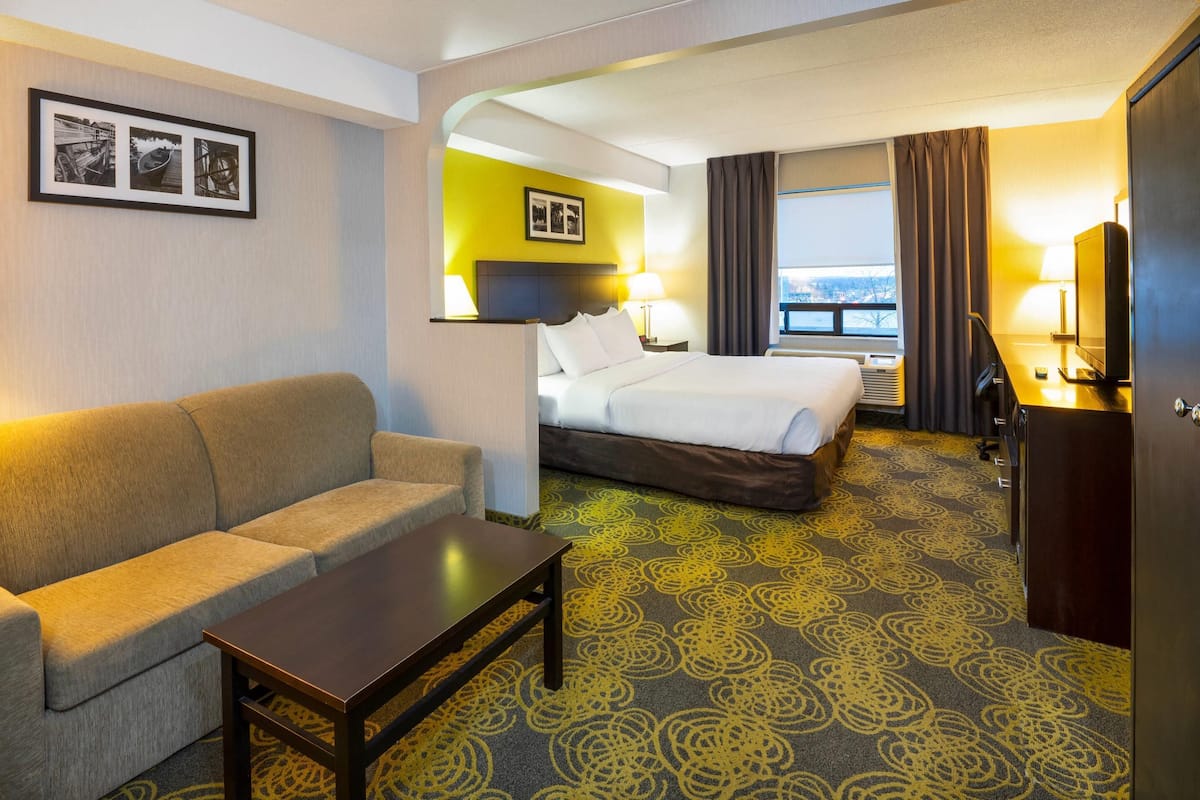 A hotel room with a bed, a sofa, a desk, a TV, and a window with a view.